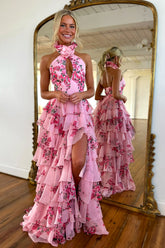 Floral Halter Neck A-Line Prom Dress with Cut-out and Slit in Blush
