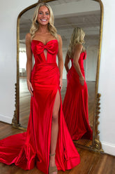 Long Red Satin Prom Dress with Sweetheart Neckline Mermaid Cut and Bow Detail