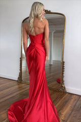 Long Red Satin Prom Dress with Sweetheart Neckline Mermaid Cut and Bow Detail