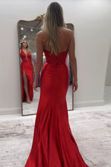 Long Backless Satin Mermaid Prom Dress in Red with Lace and Halter Corset