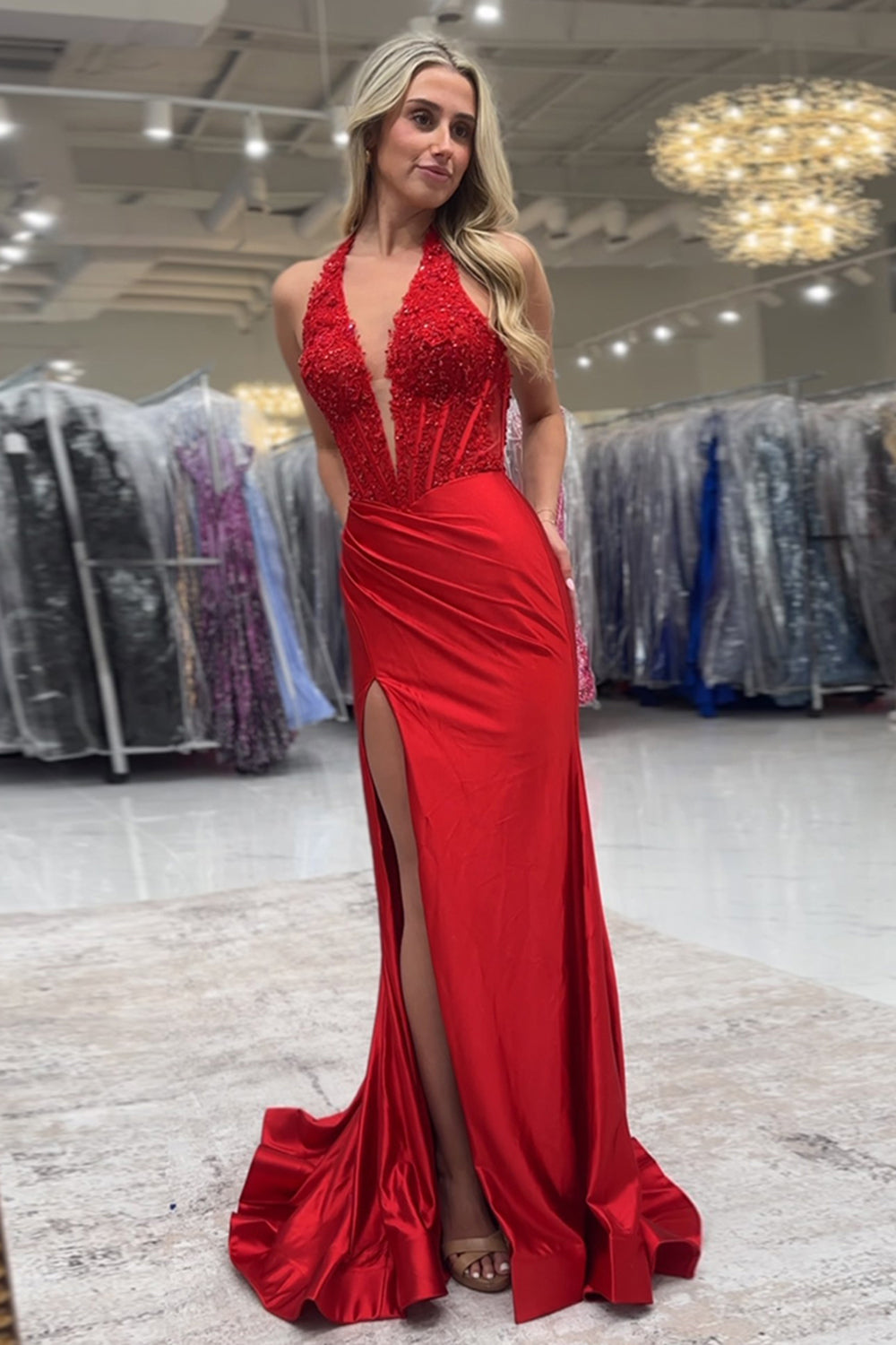 Long Backless Satin Mermaid Prom Dress in Red with Lace and Halter Corset