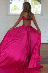 Fuchsia Satin Sparkle Prom Dress with Spaghetti Straps A-Line Pleats Cut-Out and Slit