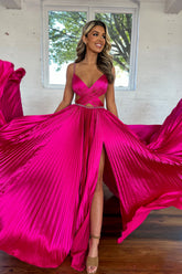 Fuchsia Satin Sparkle Prom Dress with Spaghetti Straps A-Line Pleats Cut-Out and Slit
