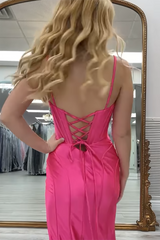 Long Satin Mermaid Prom Dress with Black Spaghetti Straps and Slit