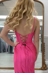 Long Satin Mermaid Prom Dress with Black Spaghetti Straps and Slit