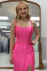Long Satin Mermaid Prom Dress with Black Spaghetti Straps and Slit