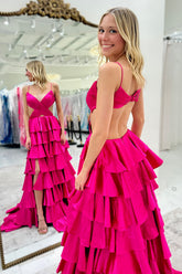 Long A-Line Satin Prom Dress with Fuchsia Spaghetti Straps and Slit