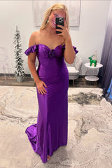 Long Satin Mermaid Prom Dress in Purple with Off-Shoulder Design