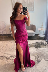 Metallic Long Mermaid Prom Dress in Hot Pink with Off-Shoulder Design