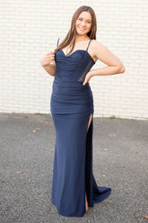 Long Navy Mermaid Prom Dress with Spaghetti Straps Ruched and Beaded