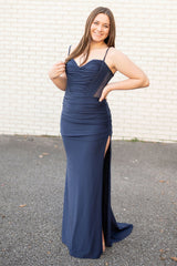 Long Navy Mermaid Prom Dress with Spaghetti Straps Ruched and Beaded