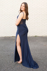Long Navy Mermaid Prom Dress with Spaghetti Straps Ruched and Beaded