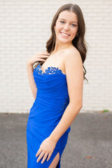 Elegant Royal Blue Mermaid Sweetheart Corset Prom Gown with Slit and Applique