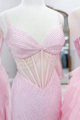 Long Mermaid Prom Dress with Pink Spaghetti Straps Beaded Corset and Slit