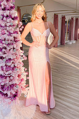 Long Mermaid Prom Dress with Pink Spaghetti Straps Beaded Corset and Slit