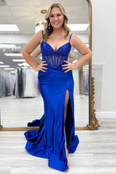 Mermaid Satin Long Corset Prom Dress in Royal Blue with Spaghetti Straps and Beading