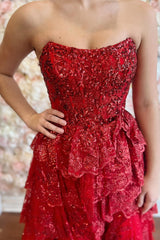 Long Strapless Red Sequin Corset Prom Dress with Tiered Tulle and Slit
