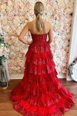 Long Strapless Red Sequin Corset Prom Dress with Tiered Tulle and Slit