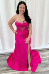 Long Beaded Corset Prom Dress in Fuchsia with Sweetheart Mermaid Cut and Slit
