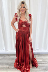 Metallic Burgundy Long A-Line Prom Dress with Spaghetti Straps and Pleated Slit