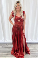 Long V-Neck Prom Dress in Metallic Green with Ruched A Line and Slit