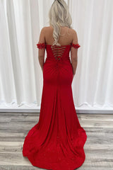 Red Glitter Mermaid Corset Prom Dress with Beaded Off-Shoulder Neckline and Slit