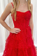 Long Corset Prom Dress with Sparkly Red Ruffled Sequin Tulle and Spaghetti Straps