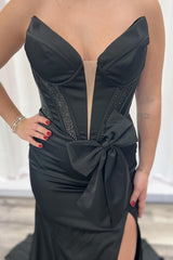 Long Satin Black Sweetheart Mermaid Prom Dress with Slit Corset