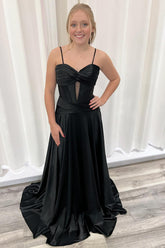 Satin A-Line Corset Prom Dress with Black Spaghetti Straps and Ruched Long Design