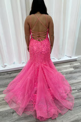 Long Mermaid Prom Dress in Sparkly Fuchsia with Sequin Tulle and Spaghetti Straps Appliques