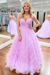 Long Prom Dress with Ruffled Tulle in Sweetheart Lilac