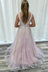 Long V-neck Prom Dress in Pink with Princess Applique and Tulle