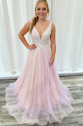 Long V-neck Prom Dress in Pink with Princess Applique and Tulle