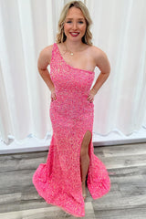 Long One-Shoulder Mermaid Prom Dress in Sparkly Pink with Sequin Details and Slit