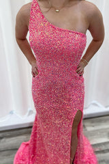 Long One-Shoulder Mermaid Prom Dress in Sparkly Pink with Sequin Details and Slit