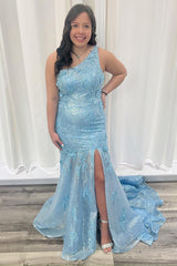 Long Blue Mermaid Prom Dress with Sparkly One-Shoulder Sequin Applique and Slit