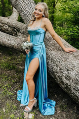 Long Satin Mermaid Prom Dress with Blue Spaghetti Straps and High Slit