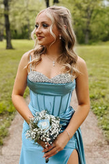 Long Satin Mermaid Prom Dress with Blue Spaghetti Straps and High Slit