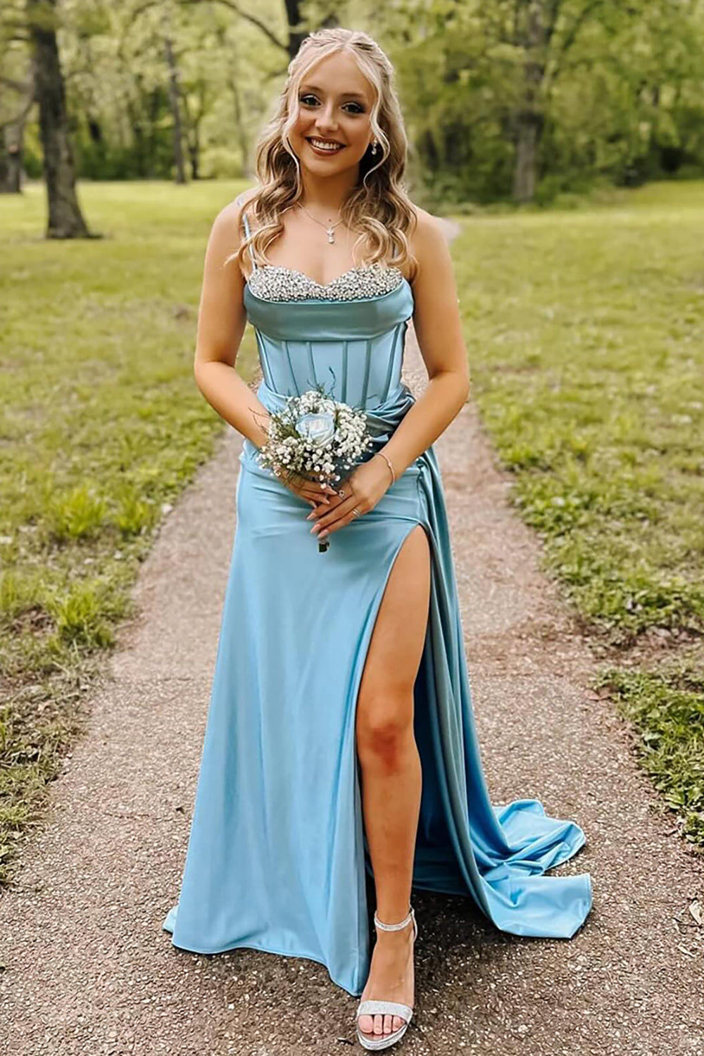 Long Satin Mermaid Prom Dress with Blue Spaghetti Straps and High Slit