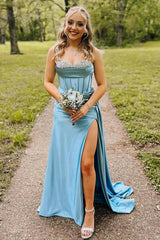 Long Satin Mermaid Prom Dress with Blue Spaghetti Straps and High Slit