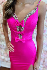 Long Mermaid Prom Dress in Fuchsia Satin with Spaghetti Straps and Open Back