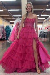 Long Corset Prom Dress in Fuchsia with Sweetheart Princess Tulle Ruffles and Appliques
