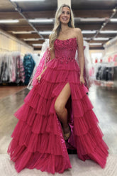 Long Corset Prom Dress in Fuchsia with Sweetheart Princess Tulle Ruffles and Appliques