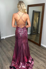 Long Mermaid Prom Dress in Deep Magenta Metallic with Spaghetti Straps and Slit