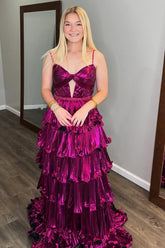 Metallic Princess Long Prom Dress with Dark Fuchsia Spaghetti Straps and Pleated Ruffles