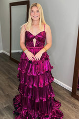 Metallic Princess Long Prom Dress with Dark Fuchsia Spaghetti Straps and Pleated Ruffles