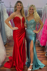 Elegant Red Sweetheart Mermaid Satin Corset Prom Gown with Appliques