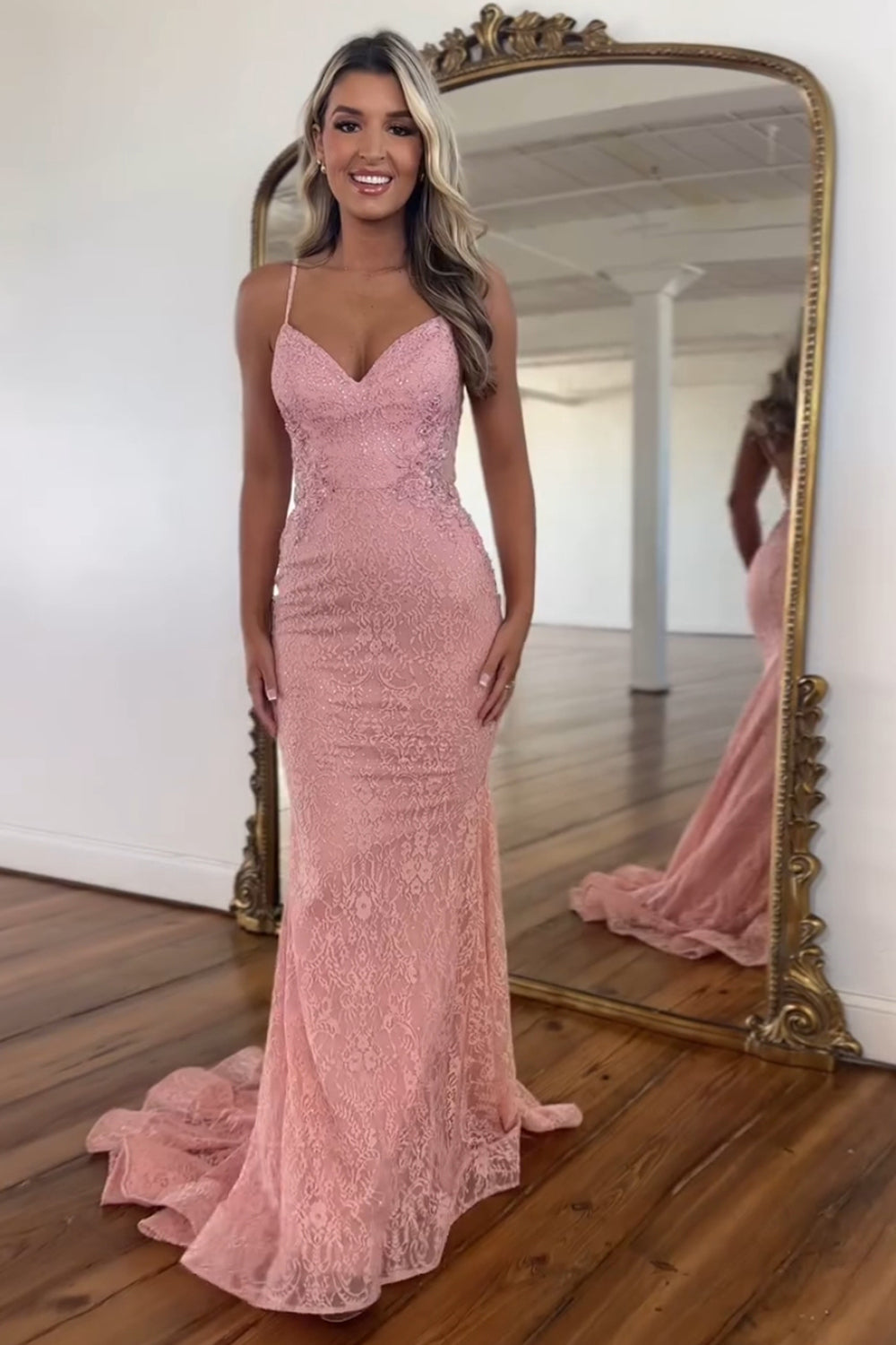 Long Open Back Prom Dress with Blush Mermaid Lace and Spaghetti Straps
