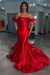 Long Sleeve Red Satin Mermaid Corset Prom Dress Strapless