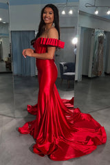 Long Sleeve Red Satin Mermaid Corset Prom Dress Strapless